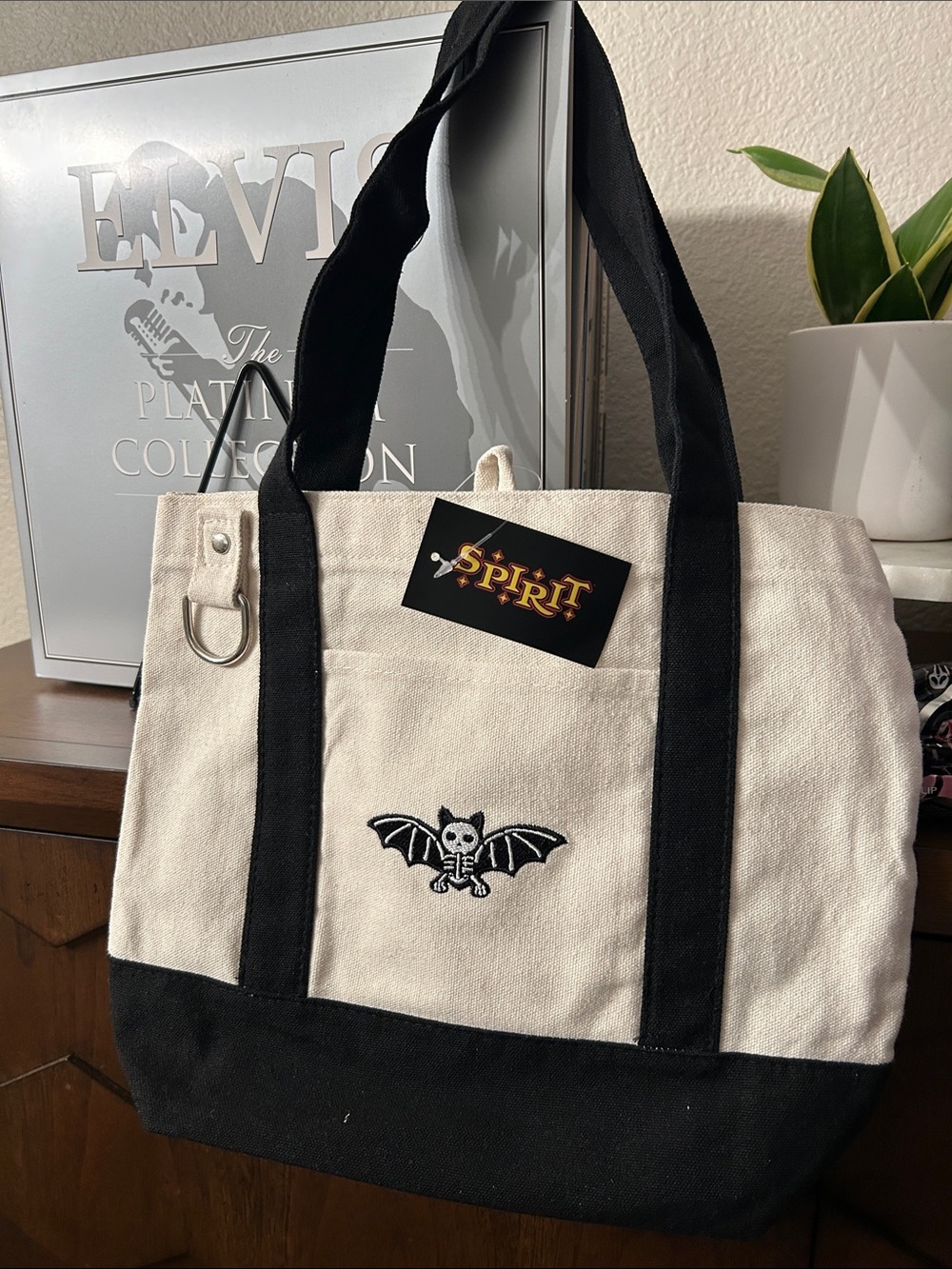 Spirit Halloween Cream and Black Canvas mini Tote Bag with Bat Embroidery